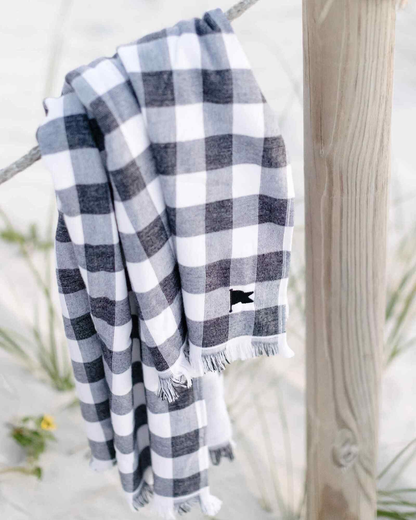 Banner Beach Towel Organic Cotton Luxury Gingham Check Two-Sided Thin Cute Designer Matching Decor Home Navy