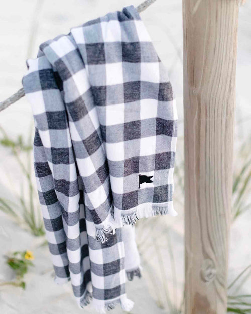 Banner Beach Towel Organic Cotton Luxury Gingham Check Two-Sided Thin Cute Designer Matching Decor Home Navy