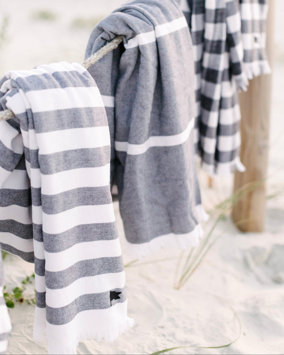 black and white beach towels, Turkish cotton towels, gingham, stripe, luxury