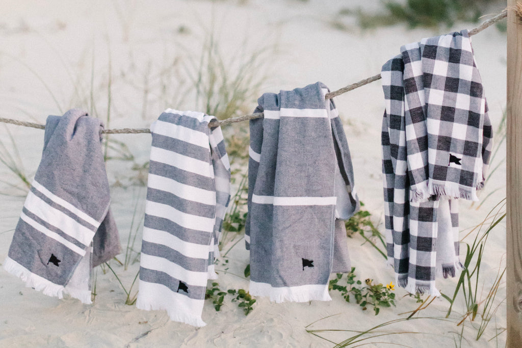 black and white coordinating beach towels, stripe and gingham, Turkish towels