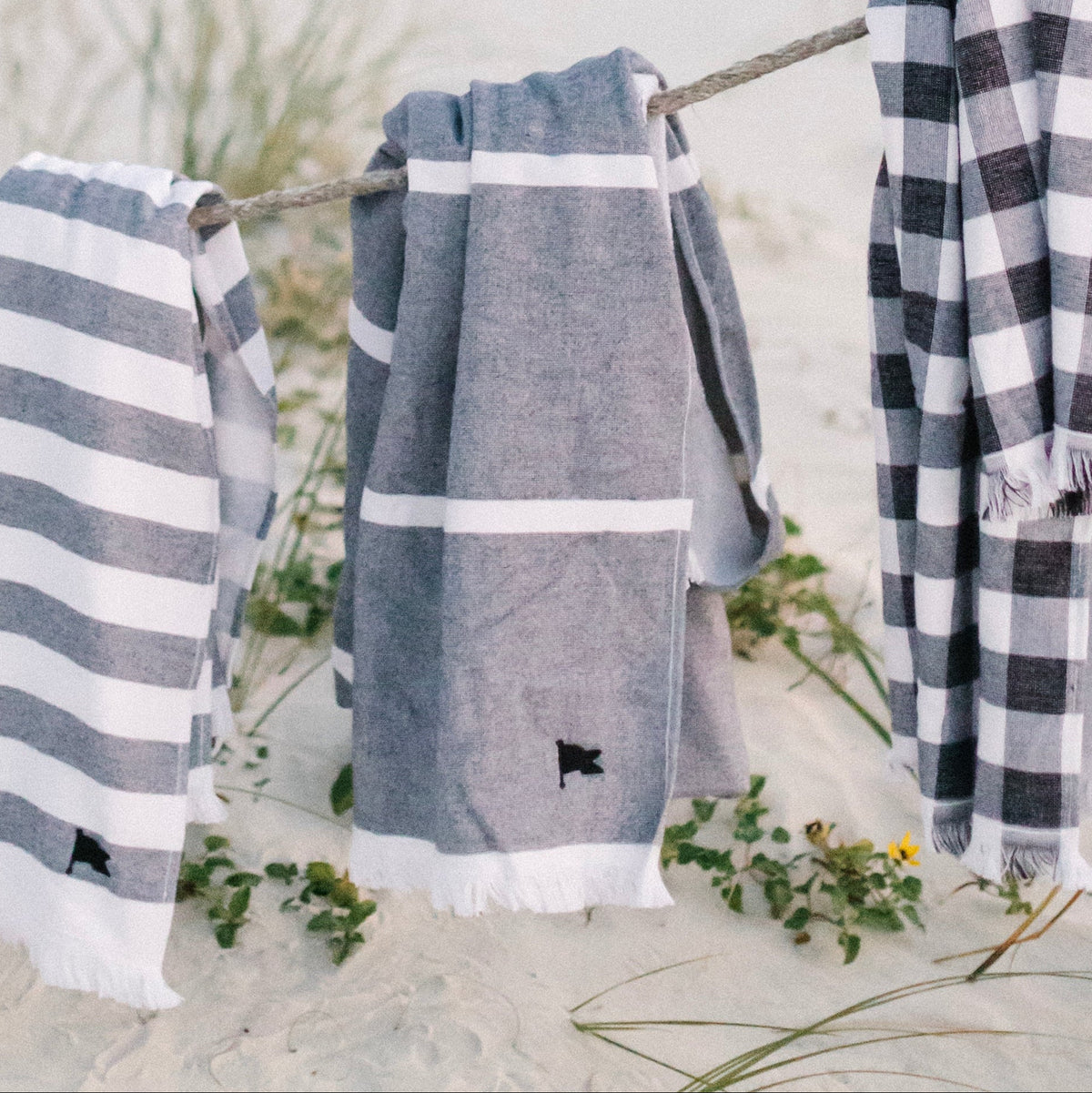 black and white coordinating beach towels, stripe and gingham, Turkish towels