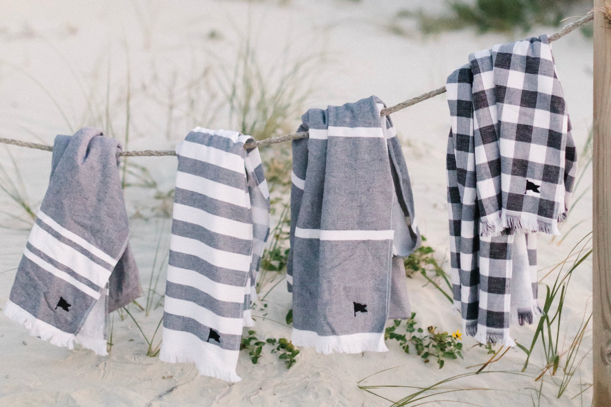 black and white coordinating beach towels, stripe and gingham, Turkish towels