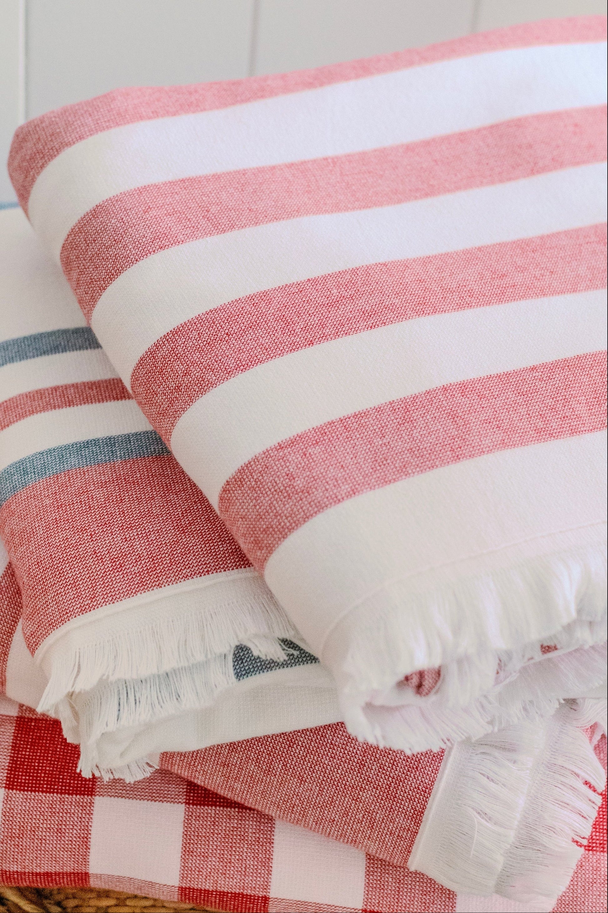 red and white striped luxury beach and pool towel with fringe for home