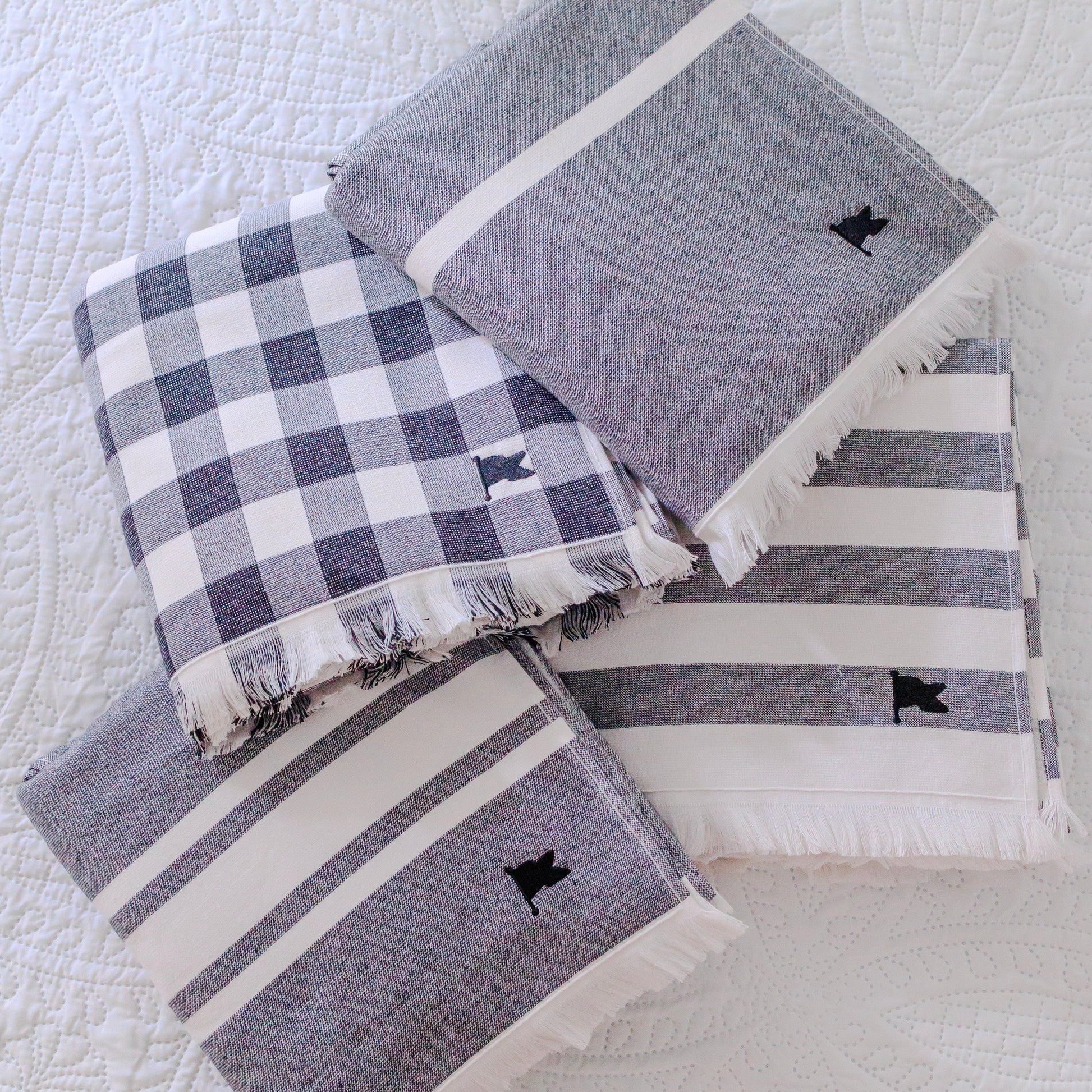 Navy and white matching beach towels