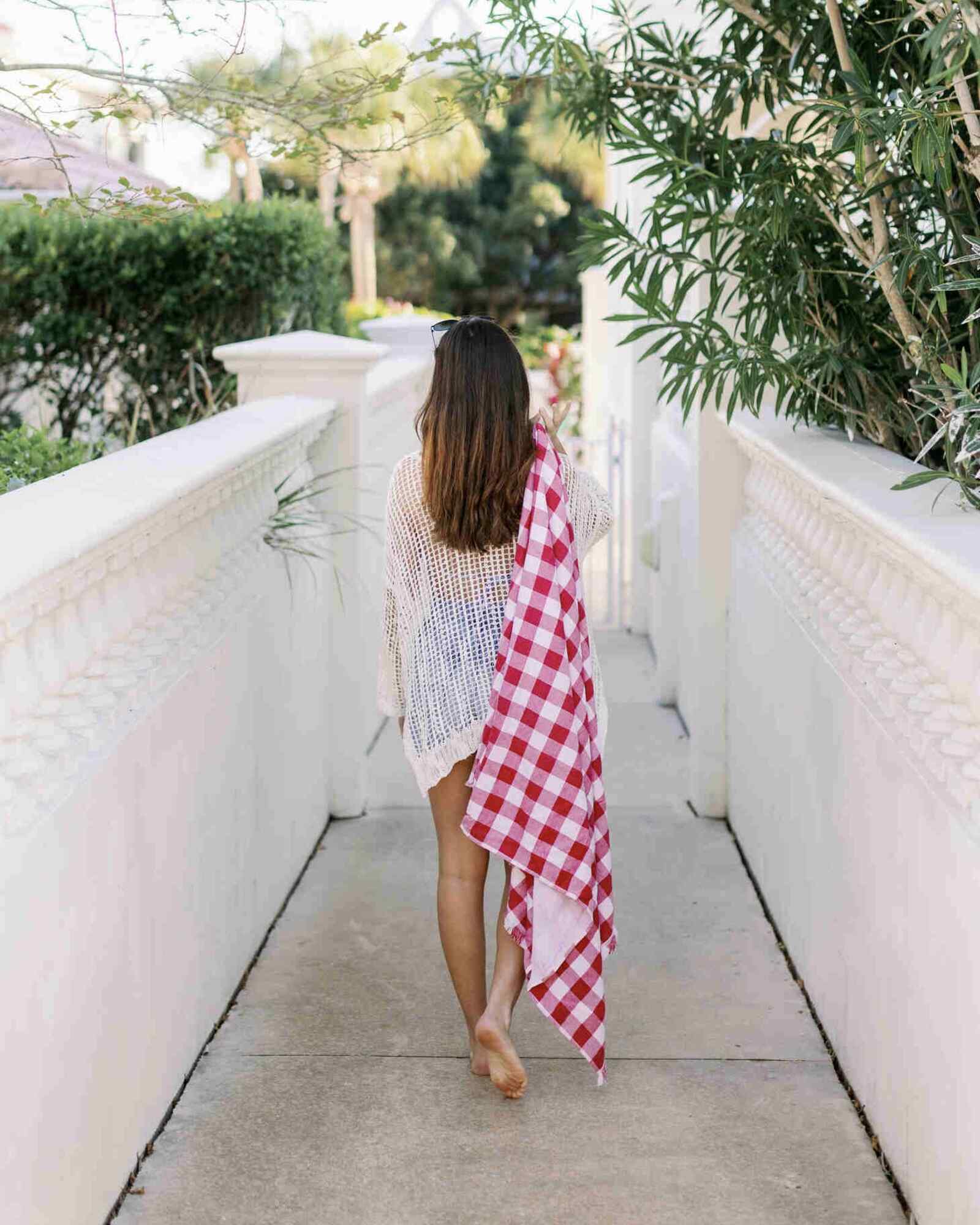 Banner Beach Towel Organic Cotton Luxury Gingham Check Two-Sided Thin Cute Designer Matching Decor Home Red Check Carolina