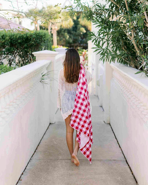 Banner Beach Towel Organic Cotton Luxury Gingham Check Two-Sided Thin Cute Designer Matching Decor Home Red Check Carolina