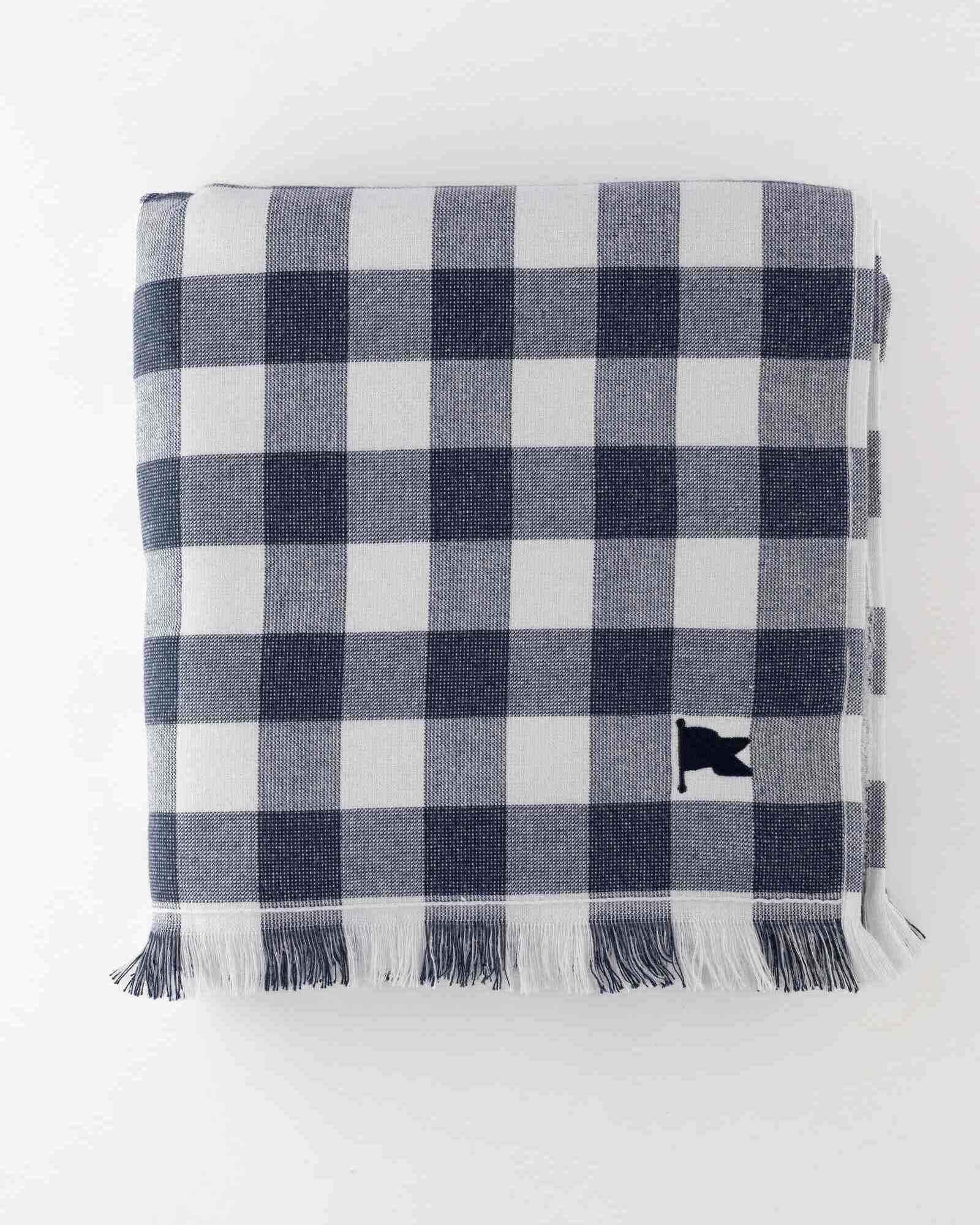 Banner Beach Towel Organic Cotton Luxury Gingham Check Two-Sided Thin Cute Designer Matching Decor Home Navy Carolina