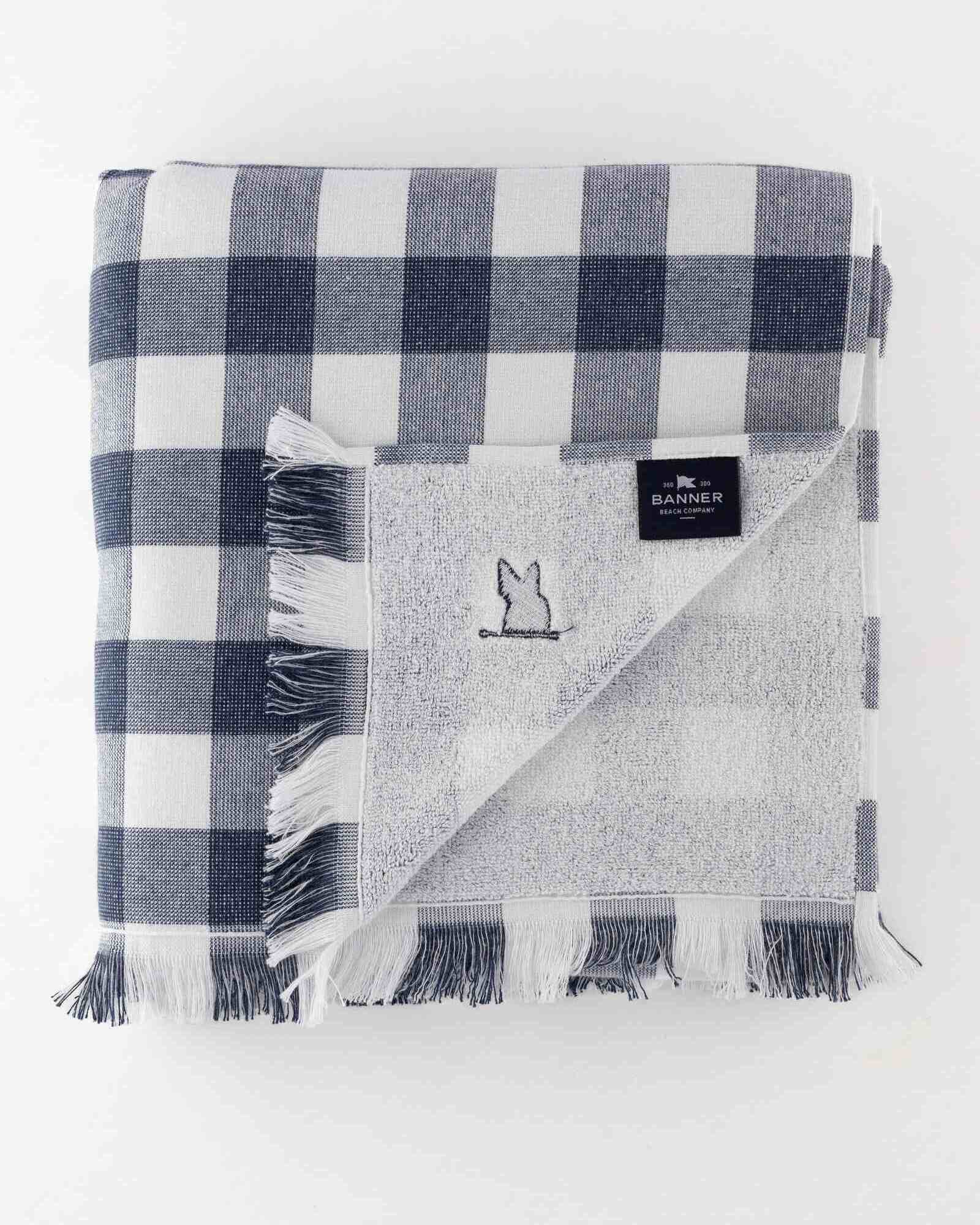 Banner Beach Towel Organic Cotton Luxury Gingham Check Two-Sided Thin Cute Designer Matching Decor Home Navy