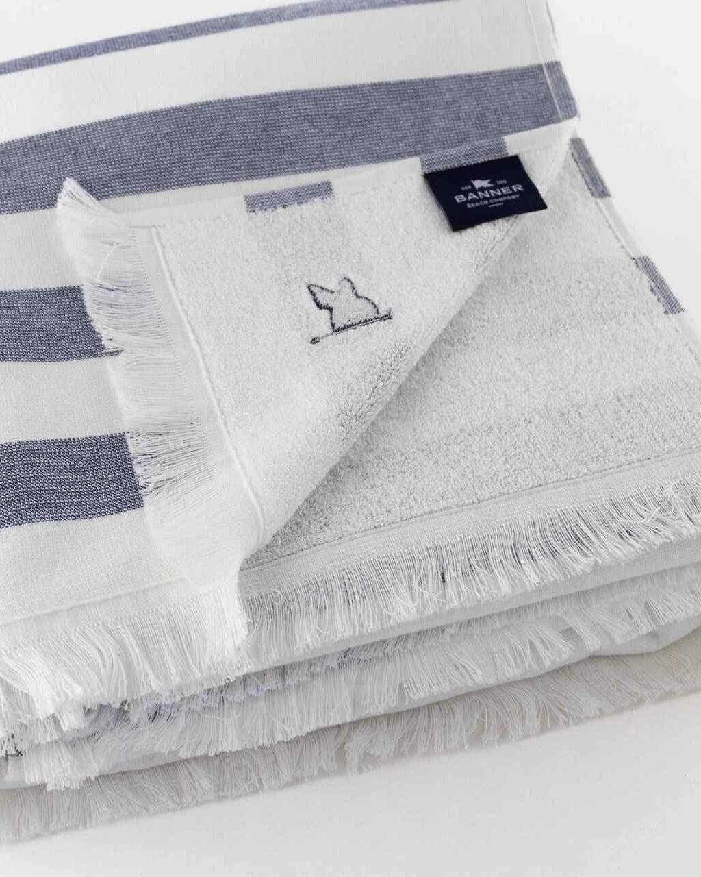 Banner Beach Towel Organic Cotton Luxury Stripe Carlsbad Two-Sided Thin Cute Designer Matching Decor Home Navy Home Pool Fringe High End