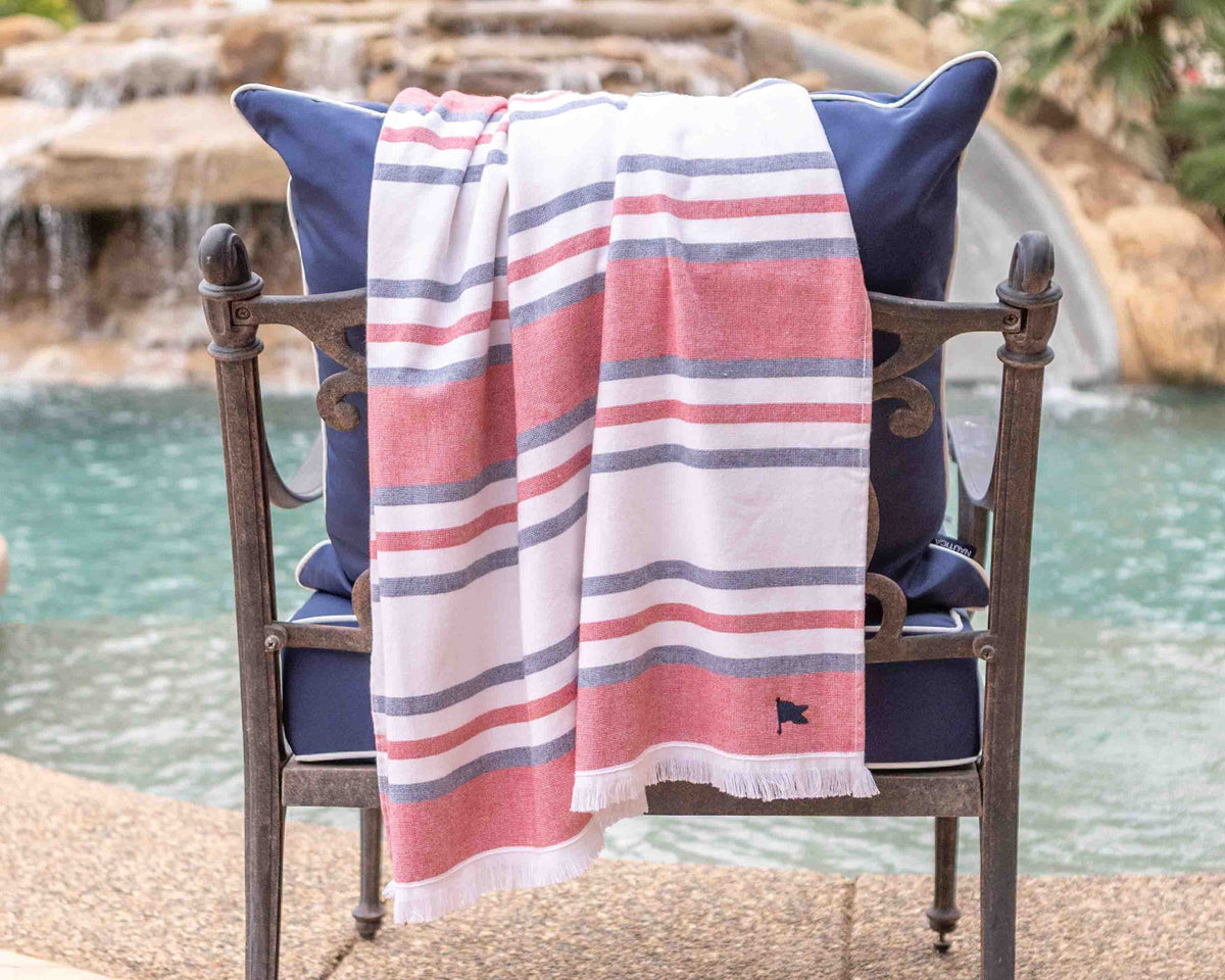 red, white and blue designer beach towel in luxurious Turkish cotton by Banner beach Peshteri.