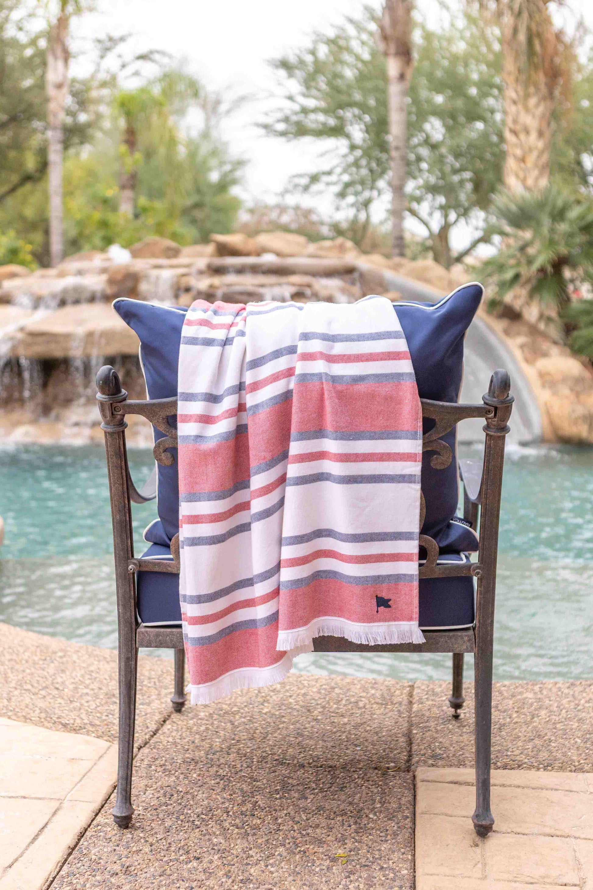 red, white and blue designer beach towel in luxurious Turkish cotton by Banner beach Peshteri.