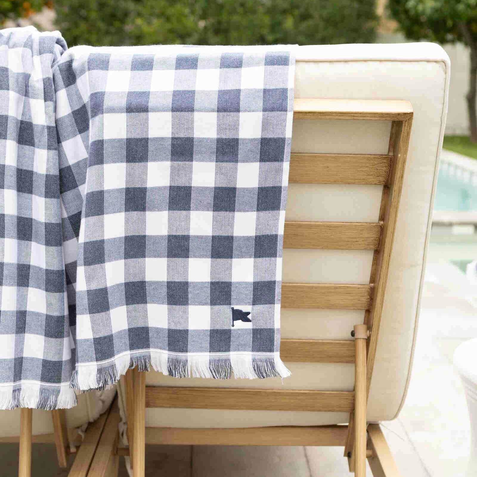 Banner Beach Towel Organic Cotton Luxury Gingham Check Two-Sided Thin Cute Designer Matching Decor Home Carolina Navy