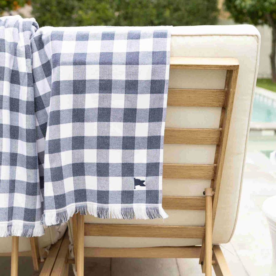 Banner Beach Towel Organic Cotton Luxury Gingham Check Two-Sided Thin Cute Designer Matching Decor Home Carolina Navy