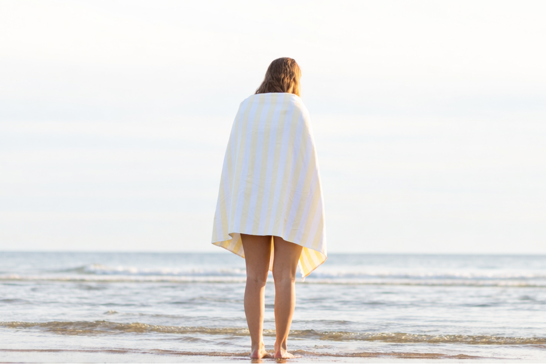 yellow & white striped Turkish beach towel