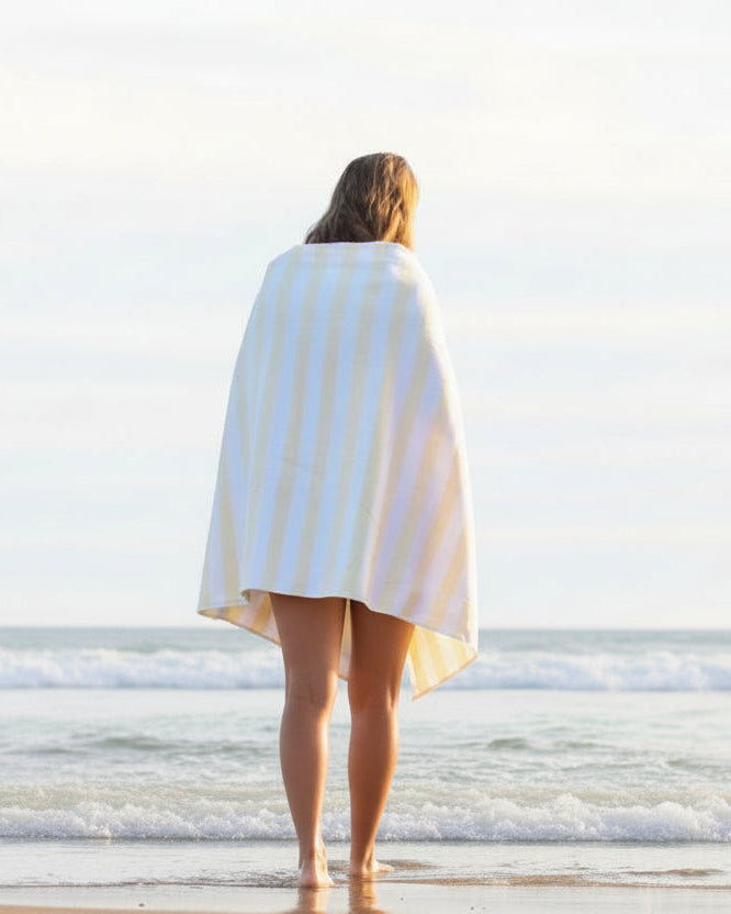 yellow and white striped beach towel. Luxury Turkish cotton Peshteri towel.